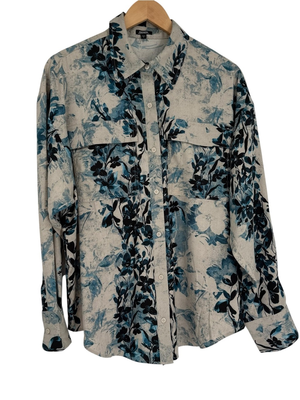 Express The Portofino Boyfriend Shirt Size L Collared Button Up Blue Gray Floral